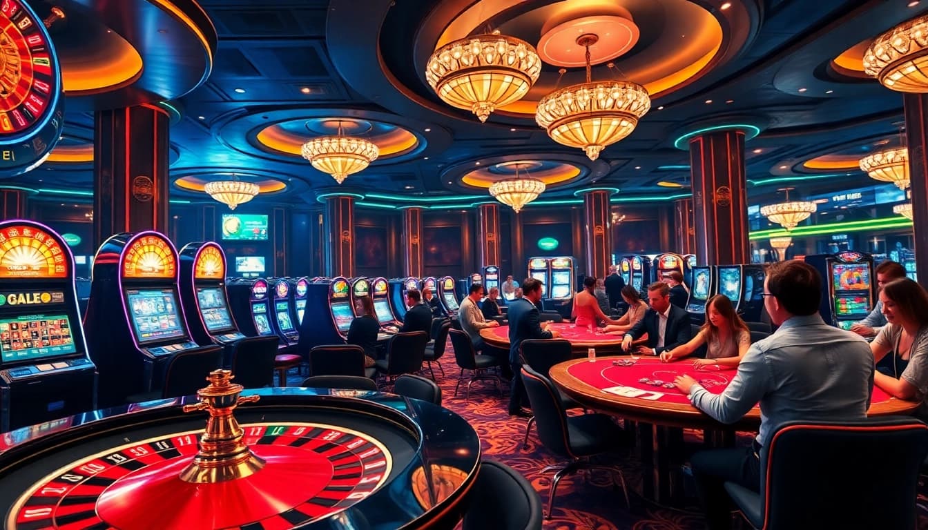 Gamblers enjoying a thrilling experience at https://thabett.io/ with vibrant casino elements.