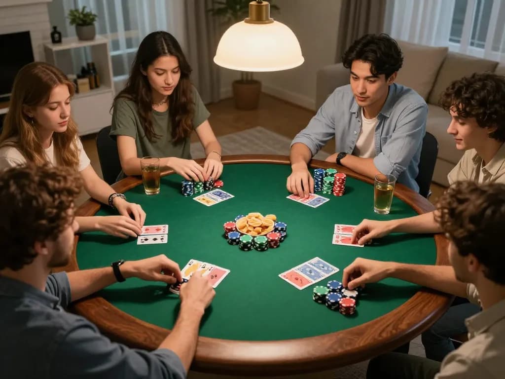 Tỷ Lệ Kèo action in a friendly home poker game with focused players and colorful chips.