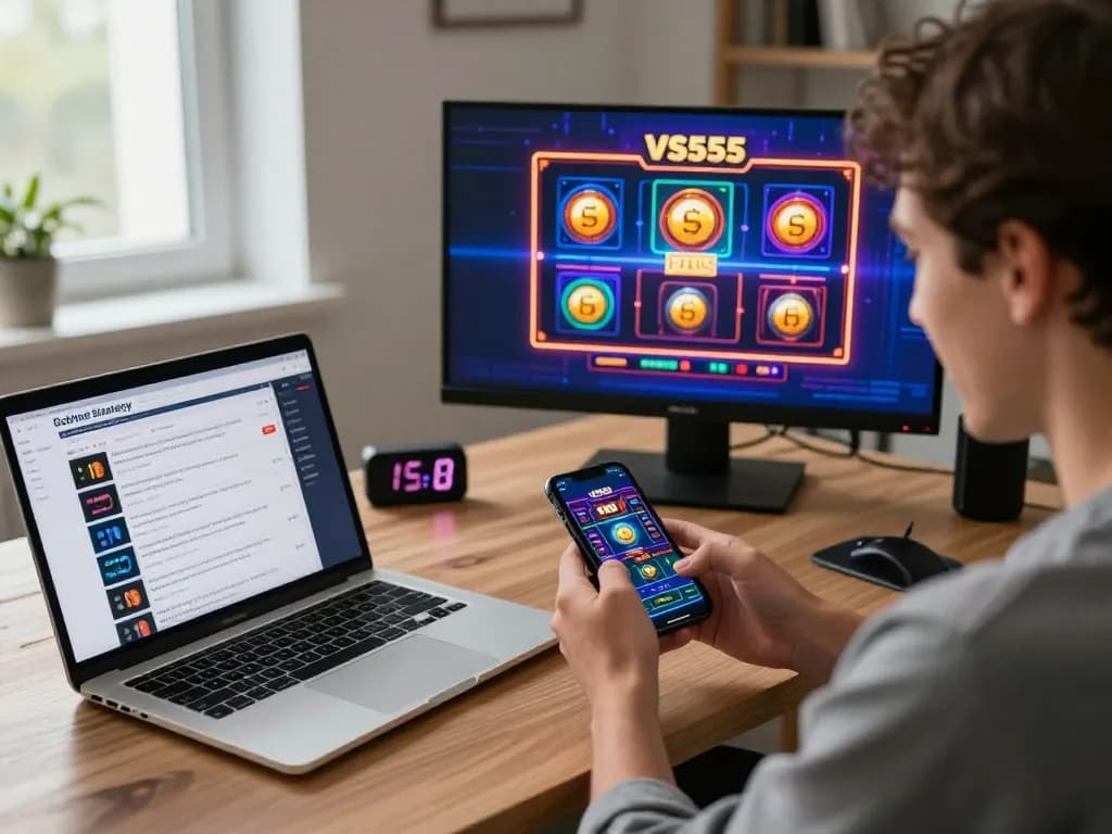 Exciting gameplay on the VS555 Casino app while managing bankroll in a cozy home office.