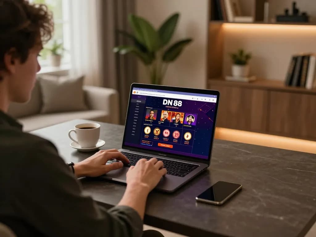 Engaging online gaming with DN 88 interface on laptop in a cozy setting, showcasing strategic play.