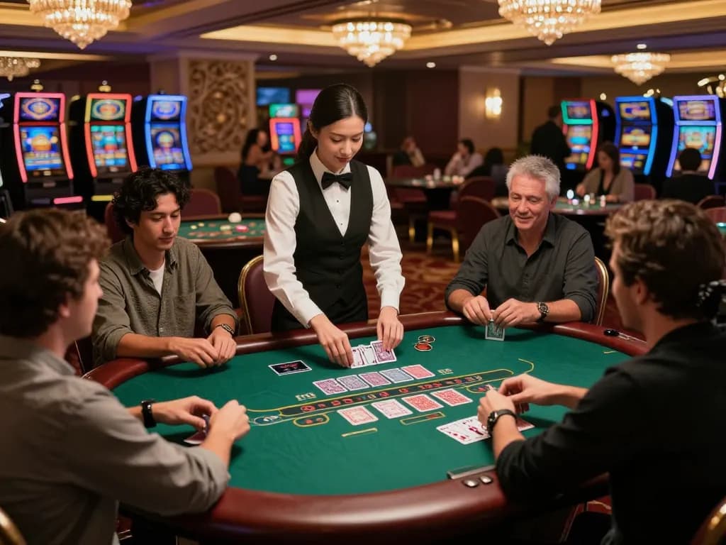 Players engage at a glamorous blackjack table at 33win casino, enhancing the thrill of strategic gambling.