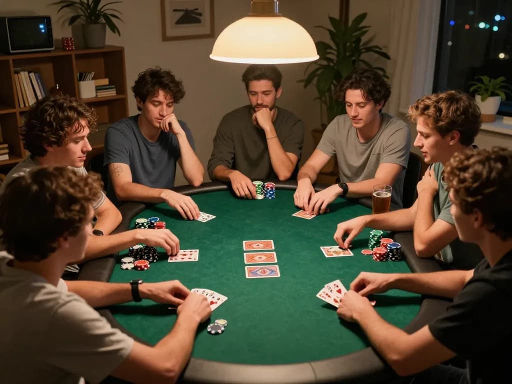 Poker night with friends playing keo nha cai, vibrant atmosphere filled with excitement and strategy.