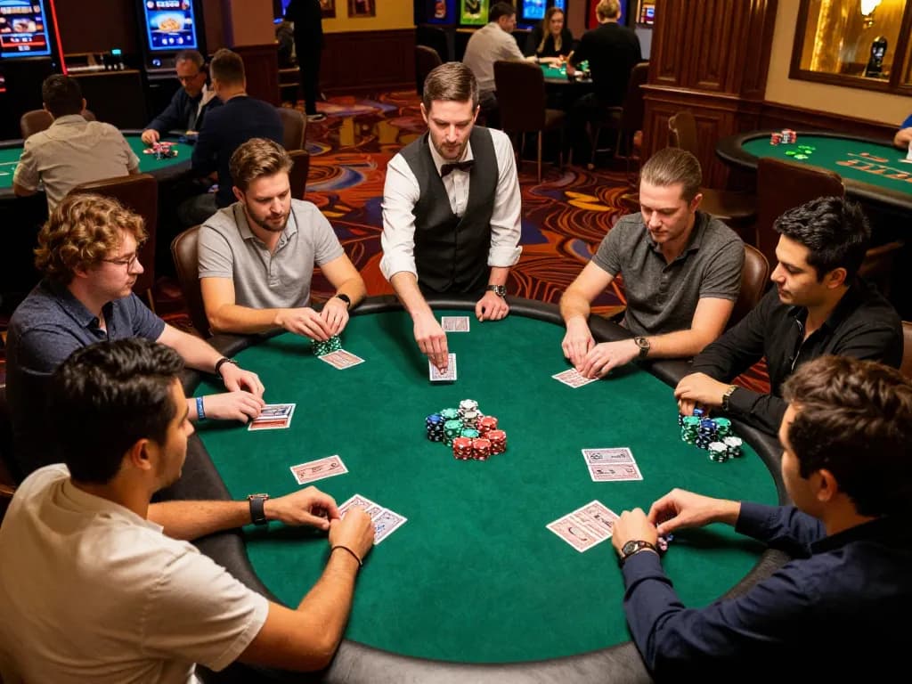 Players enjoying a strategic poker game at SKY88 casino with vibrant surroundings and intense focus.