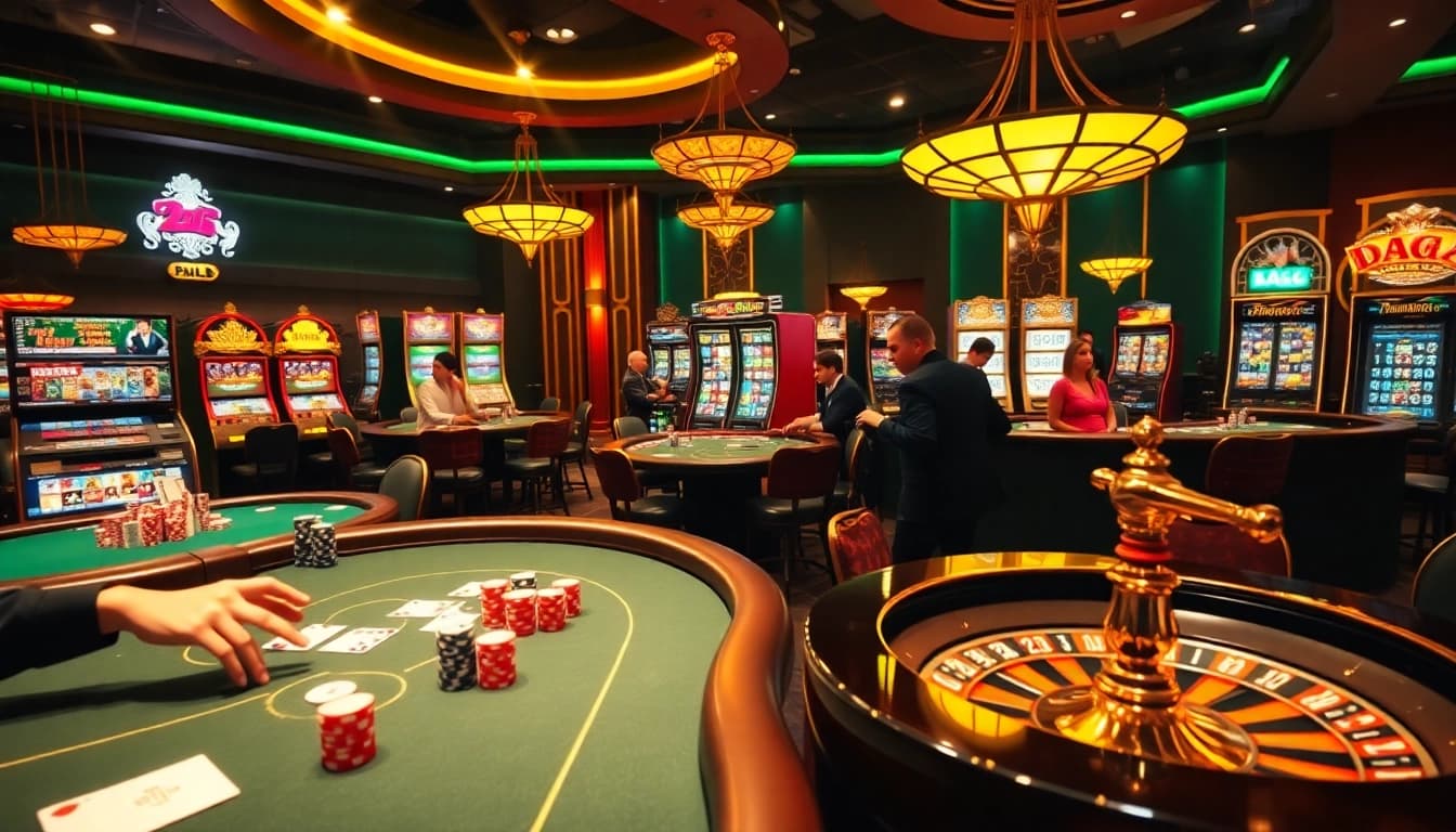 Daga players enjoying thrilling poker and vibrant slot machines in a luxurious casino atmosphere.