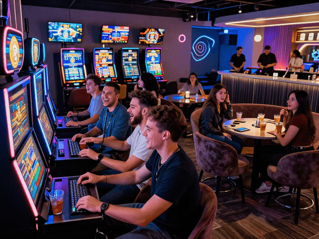 Exciting crypto casino gaming scene with friends at a high-tech slot machine.