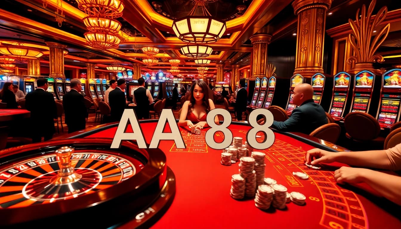 Experience the excitement of AA88 with vibrant casino gaming, roulette wheels, and poker action.