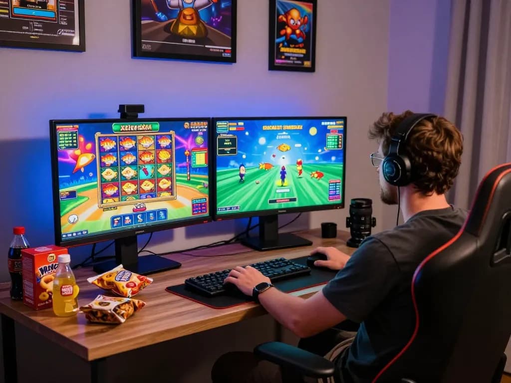 Engaging home gaming scene with ZX88 online casino games on dual screens, vibrant animations, and comfortable setup.