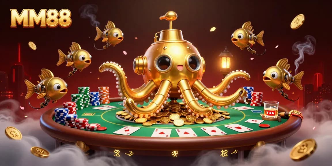 Witness MM88's thrilling gaming experience with a cracking golden kraken amidst poker excitement.