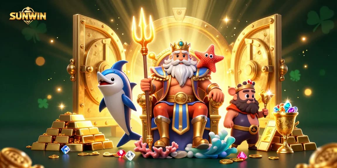 Experience SUNWIN online casino excitement with Neptune and treasures in a vibrant digital illustration.