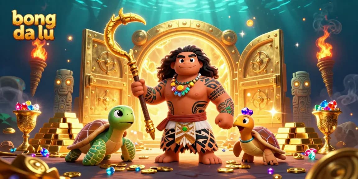 Engage with bong da lu’s vibrant 3D casino scene showcasing a demigod and treasures over flowing with gold.