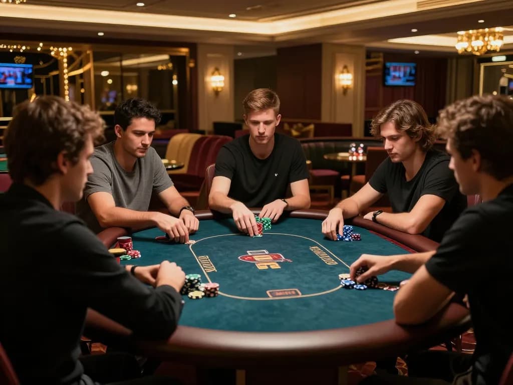 MU88 poker players engaged in high-stakes gameplay with chips stacked, luxurious gaming lounge