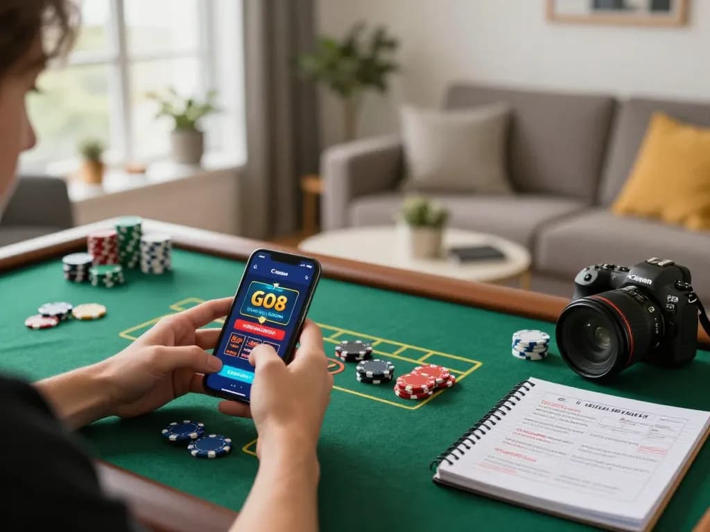 Player using the GO8 casino app on smartphone in a cozy home setting, focused on mobile gambling strategies