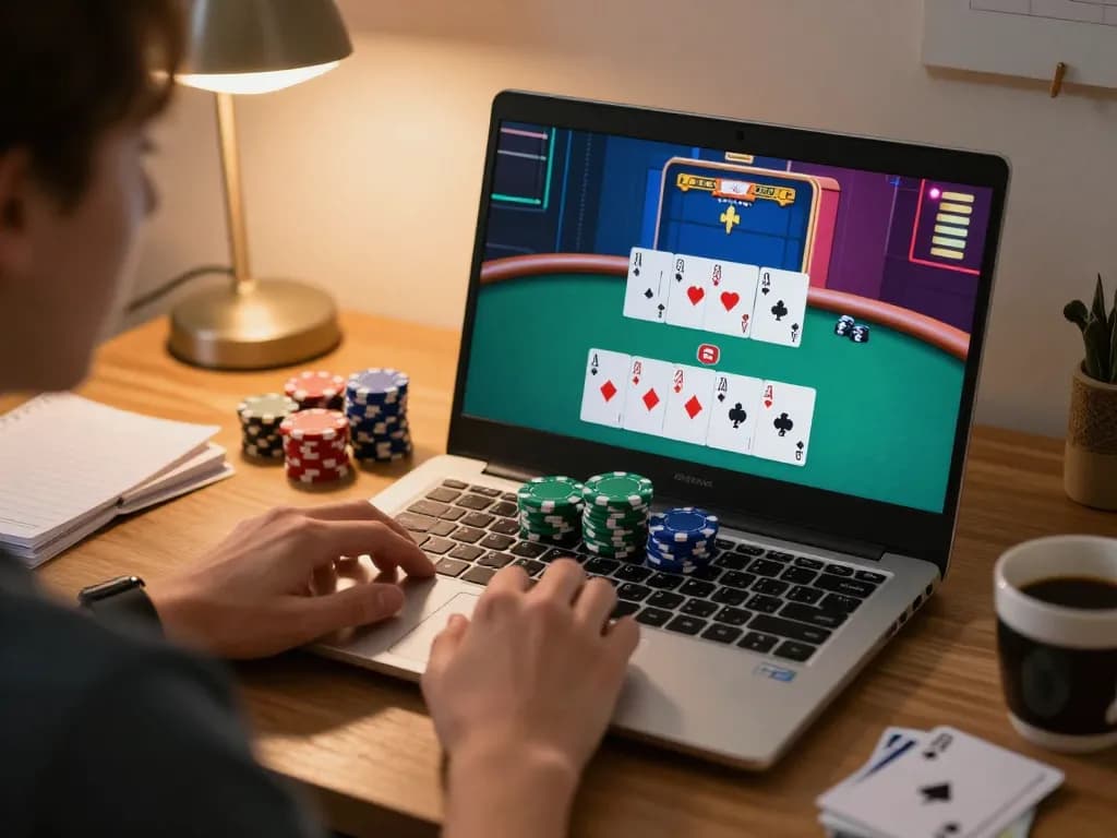 gmnc10 player enjoying an online poker game, showing winning hand on laptop