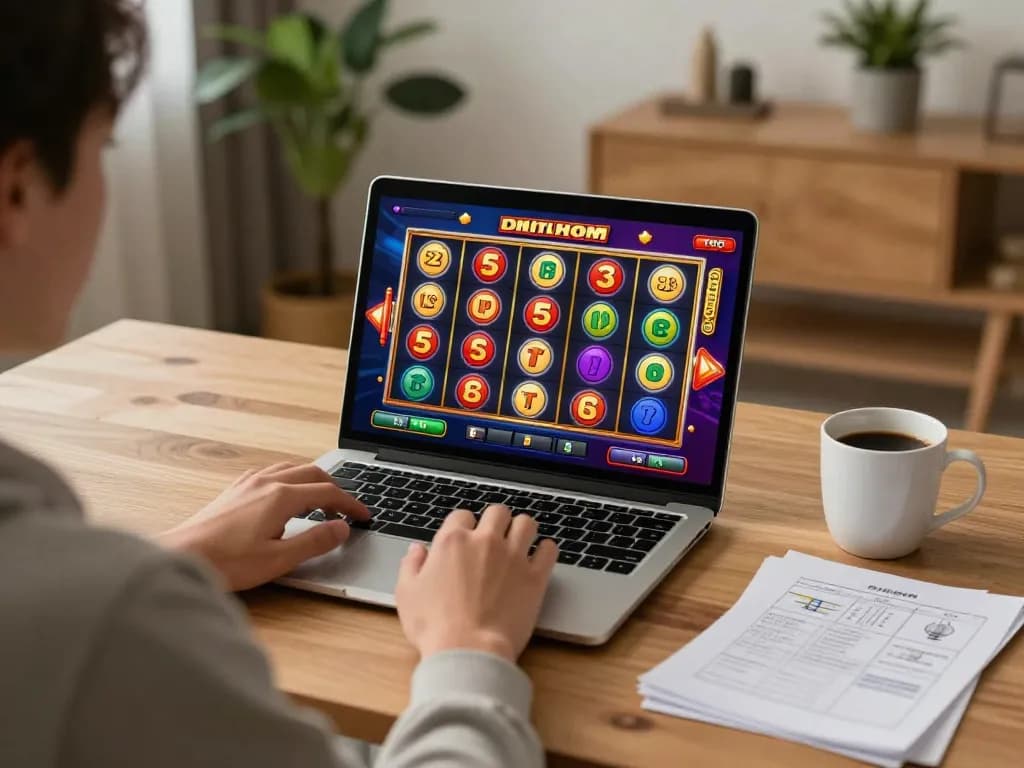 Berpartisipasi dalam permainan slot toto di laptop dalam suasana kantor rumah yang nyaman.