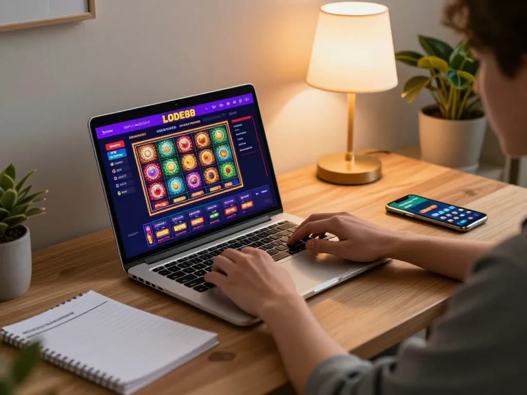 Engaging gameplay experience at LODE88 online casino through a laptop on a stylish desk.