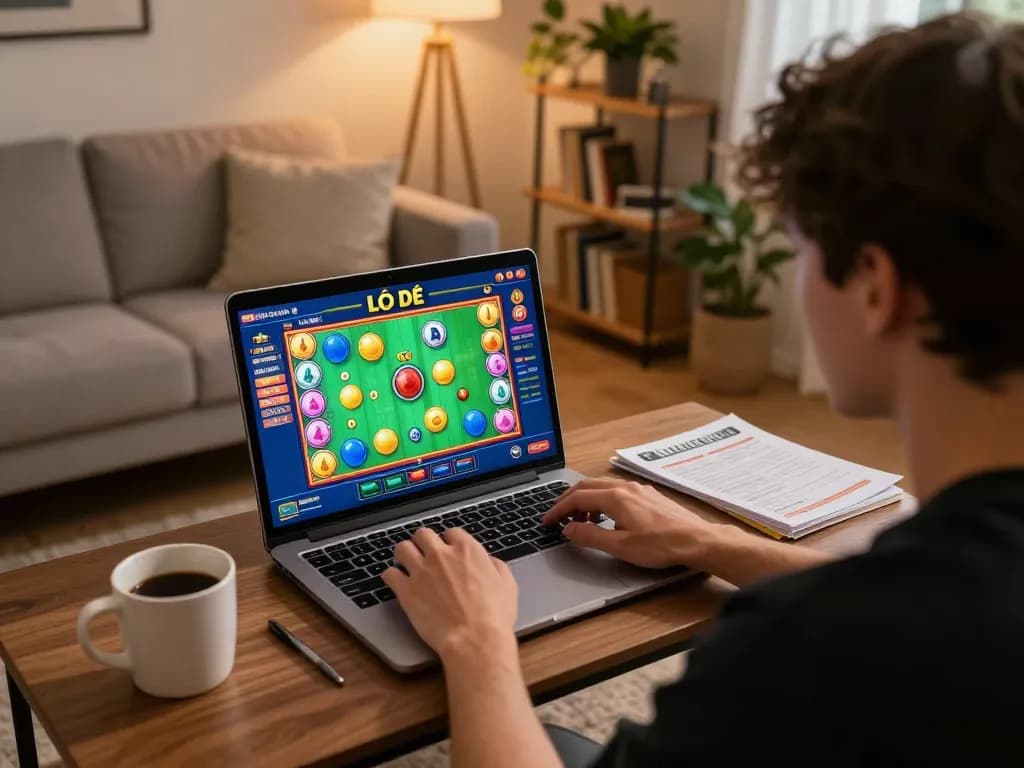 Person engaged in Lô Đề online gaming, revealing strategy and excitement in cozy home setup