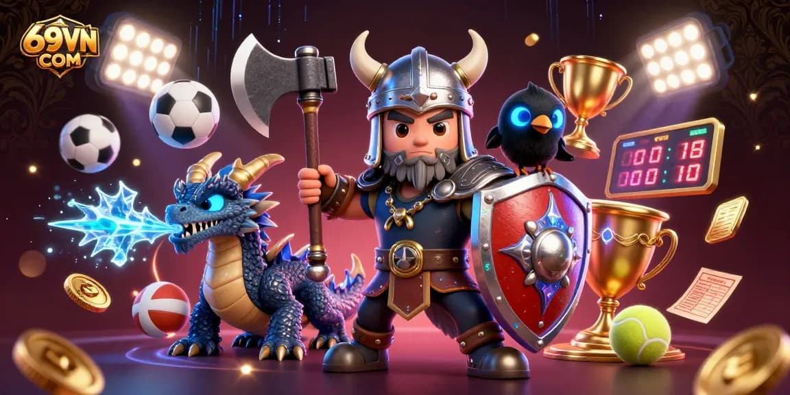 Experience thrilling wins at 69VN COM, featuring a Viking warrior with a dragon amidst vibrant gaming elements.