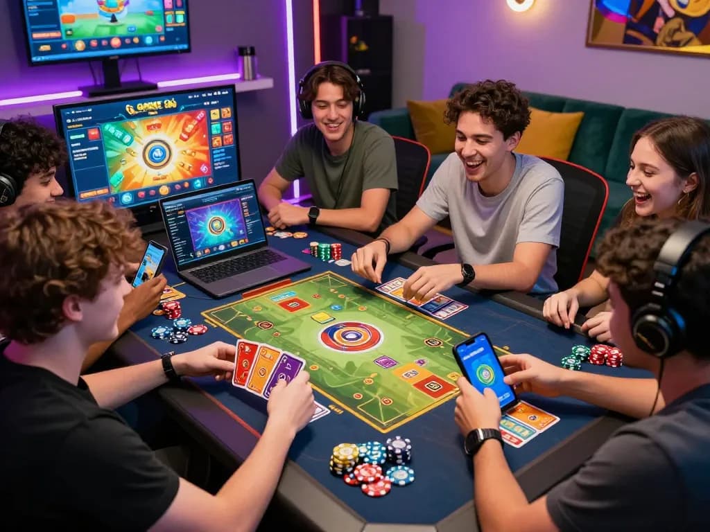 Engaging friends enjoying Game bài in a vibrant online gaming environment, showcasing excitement and colorful game elements.