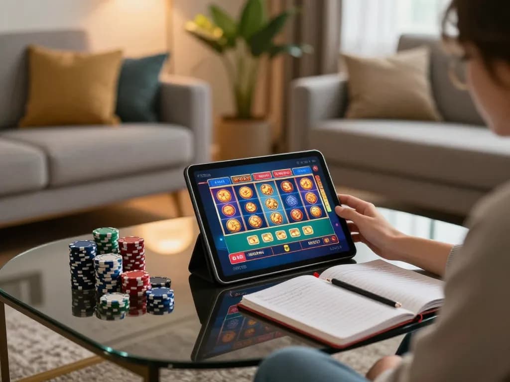 Engaging in online gaming on rikvip tablet, showcasing poker interface and comfortable home environment