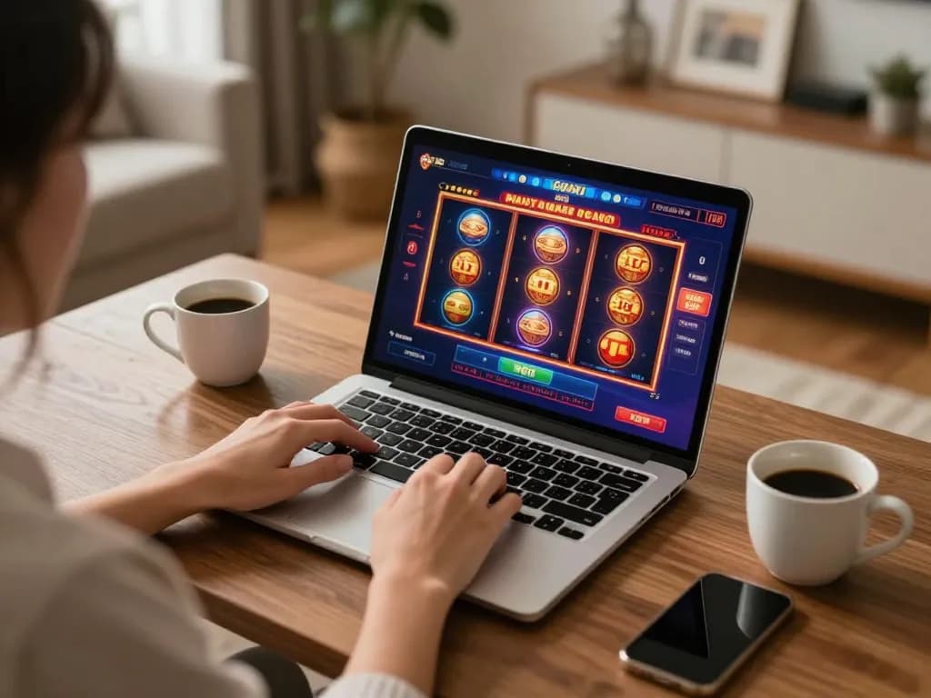 Gaming on ee88 platform, player engaged with vibrant online casino slots and live dealer games in cozy home setup.