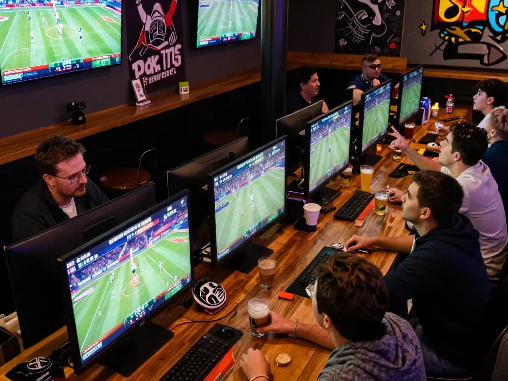 Players placing bets and cheering for teams at a lively sports bar, highlighting 79KING's dynamic betting atmosphere