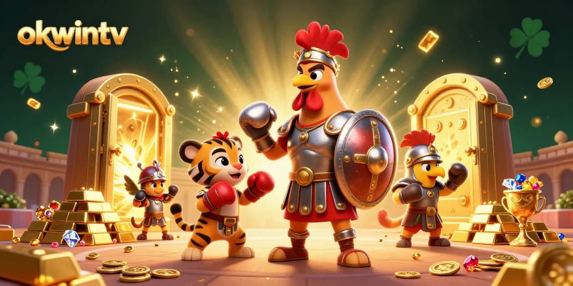 Experience the exhilaration of okwintv with a dynamic scene showcasing a gladiator rooster and rich treasures.