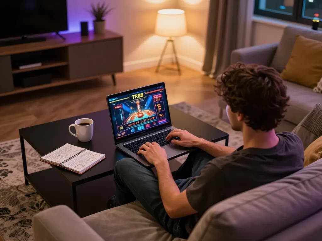 Player engaging with TR88SEO online casino interface in a cozy home setup