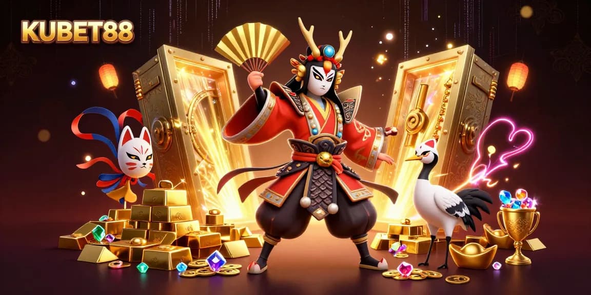 Experience the excitement of KUBET88 with a vibrant 3D digital illustration showcasing a kabuki warrior and treasures.