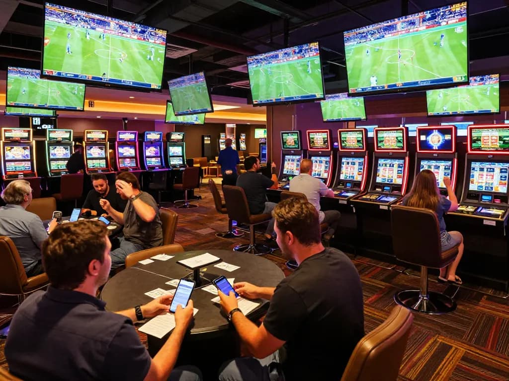 N88 players engaging in sports betting with live games on screens in an exciting casino atmosphere