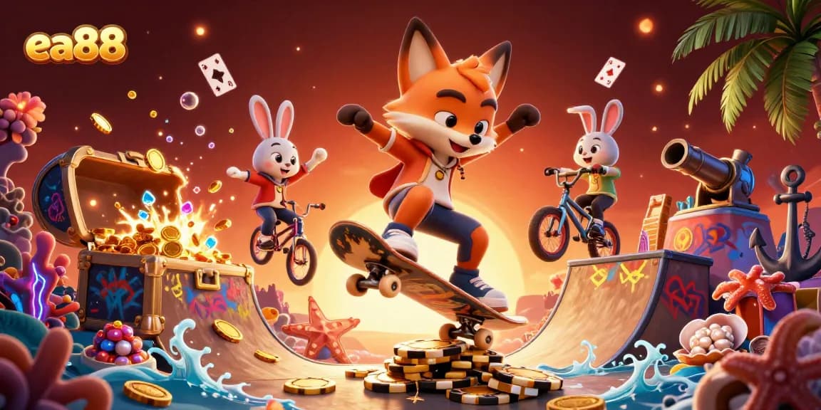 Experience the thrill with ea88's vibrant gaming scene, showcasing dynamic cartoon characters and casino elements.
