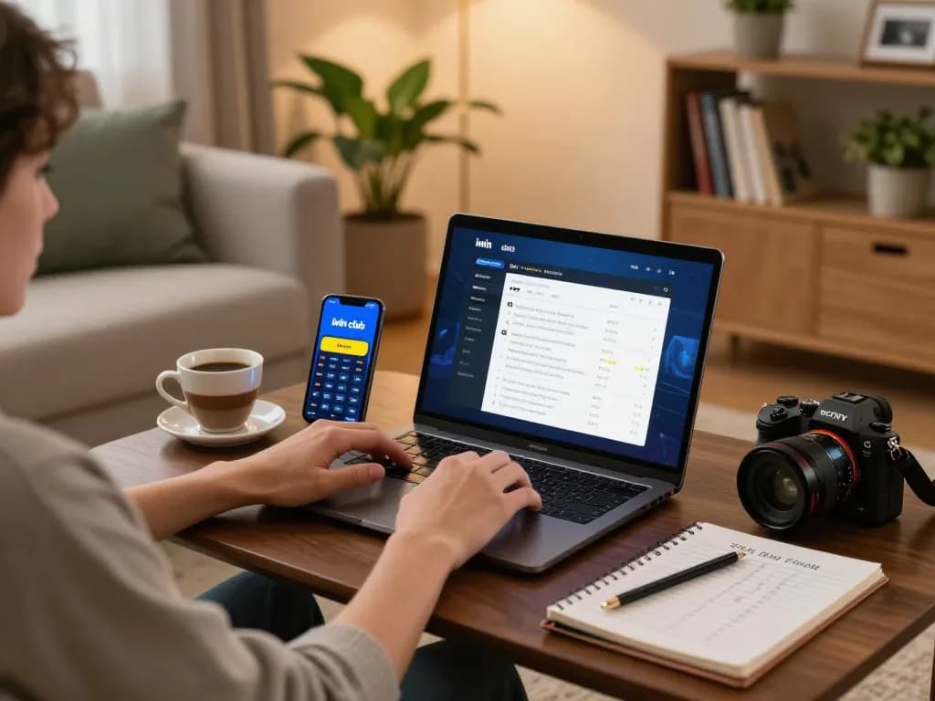 Engaging user playing iwin club on laptop in stylish living room, showcasing thoughtful gaming strategies.