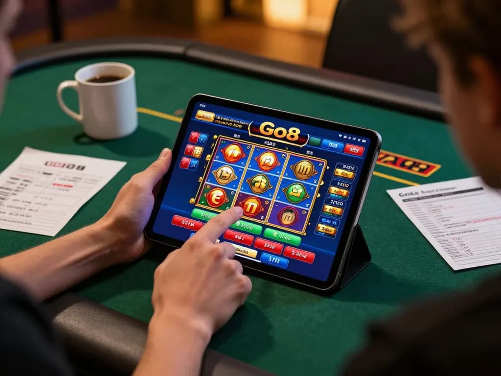 Player engaging with Go8 casino on a tablet, showcasing vibrant slots and poker tables in a cozy home setting.