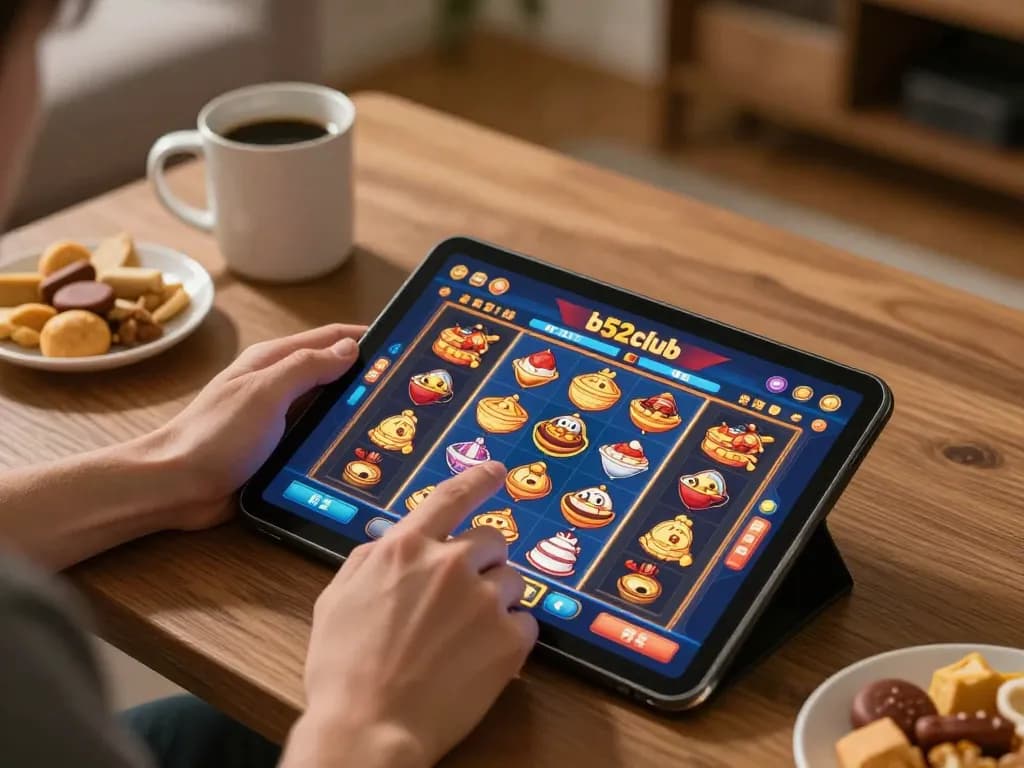 Player enjoying diverse slot games on b52club tablet in a cozy home setting
