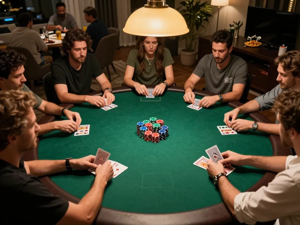 Engaging poker night scene with players strategizing at home, featuring au8803 bio vip5 for dynamic gameplay.