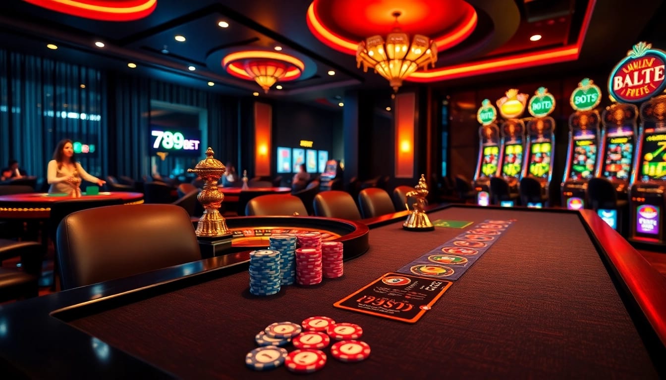 Experience the thrill of blackjack with 789BET, vibrant casino tables, and luminous slot machines.
