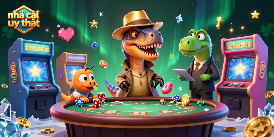 Engaging scene of a nhà cái uy tín cartoon velociraptor at a blackjack table, showcasing vibrant casino gaming elements.