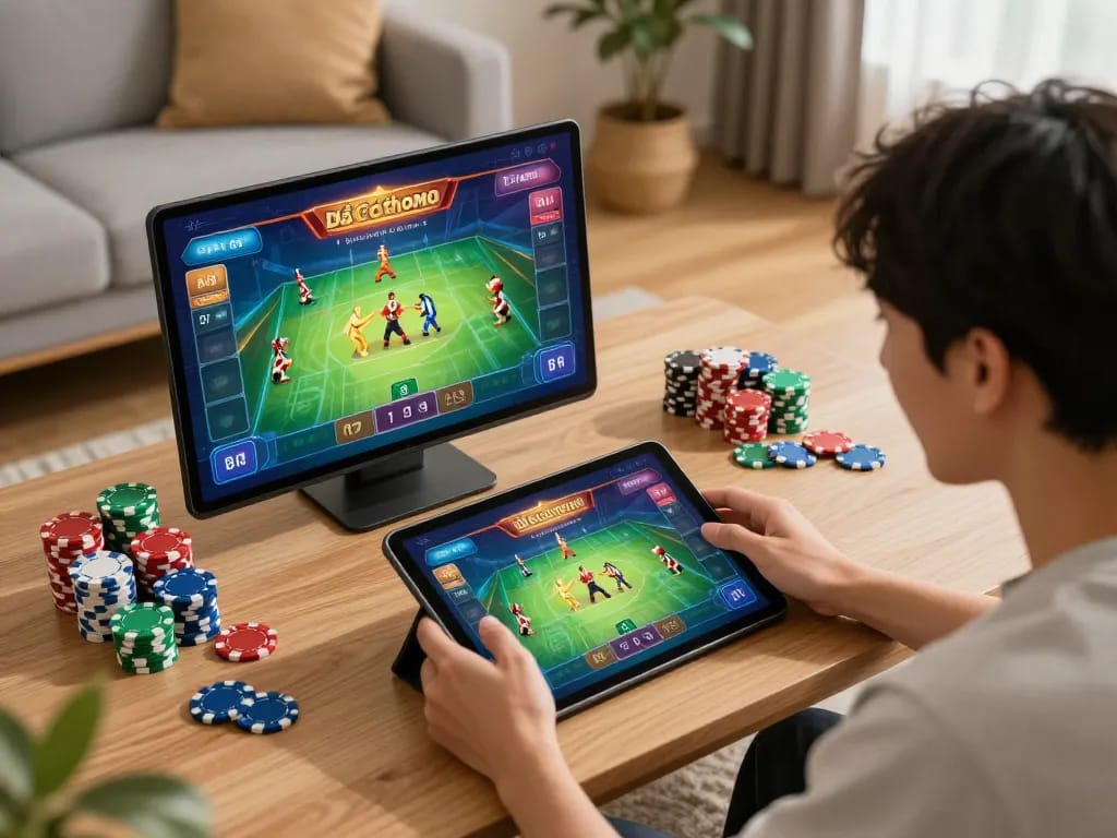 Experience the thrill of Đá gà thomo with an online tablet gaming session bringing excitement home.