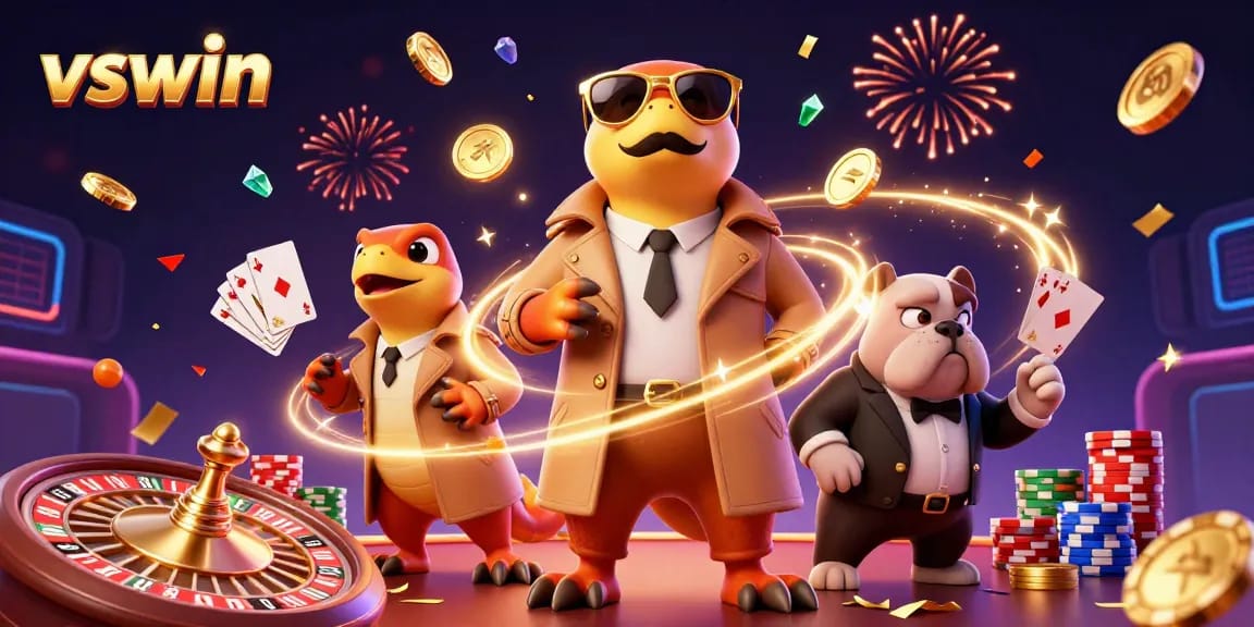 Experience the excitement with vswin in a vibrant 3D casino scene featuring dynamic characters and sparkling elements.
