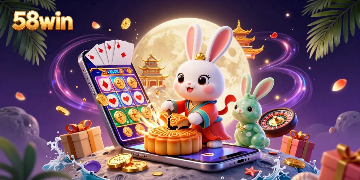 Engage in exciting gambling at 58win with an enchanting scene of a moon rabbit and game elements.