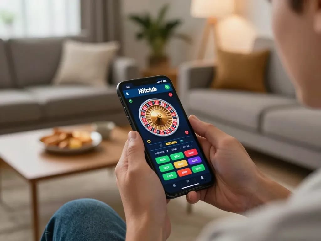 Hitclub user engaging in online gambling through a smartphone, featuring roulette and betting interface.