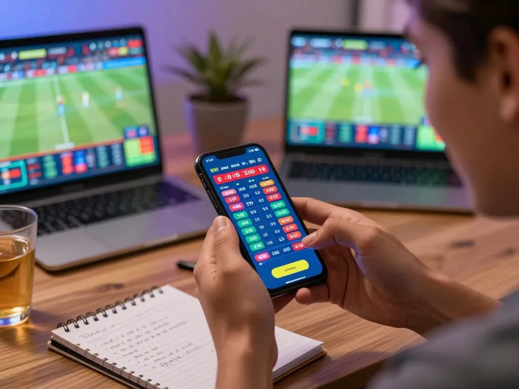 Tỷ Lệ Kèo Nhà Cái displayed on smartphone during live sports betting in a cozy home atmosphere.