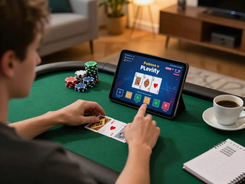 Engaged player enjoying a poker game on 56WIN tablet in stylish home setting.