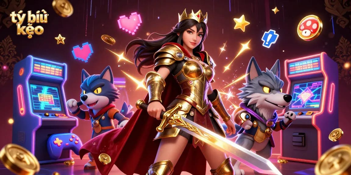 Engage with tỷ lệ kèo in a vibrant 3D casino illustration depicting a warrior queen and her wolf companion.