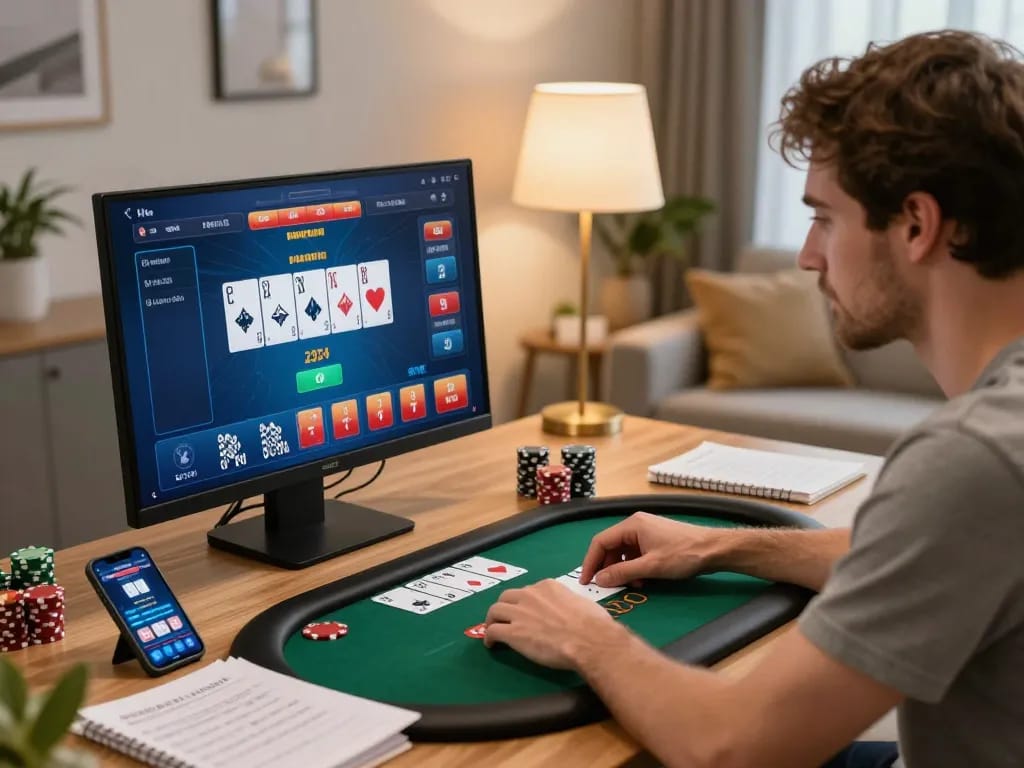 Usbet player analyzing poker strategies while playing online at home for better odds.