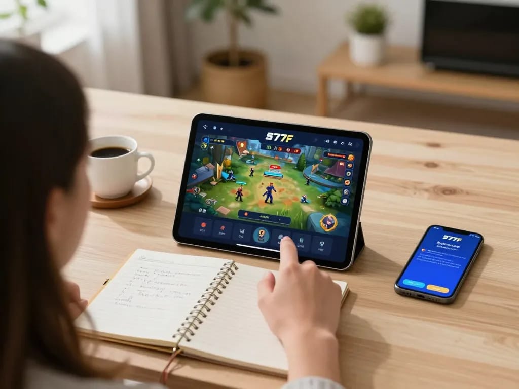 Player enjoying a strategic game on the 577F mobile app in a cozy home setting.