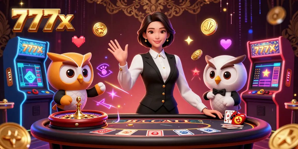 Experience the thrill of 777x casino gaming with a vibrant, interactive baccarat scene featuring enchanting dealers.