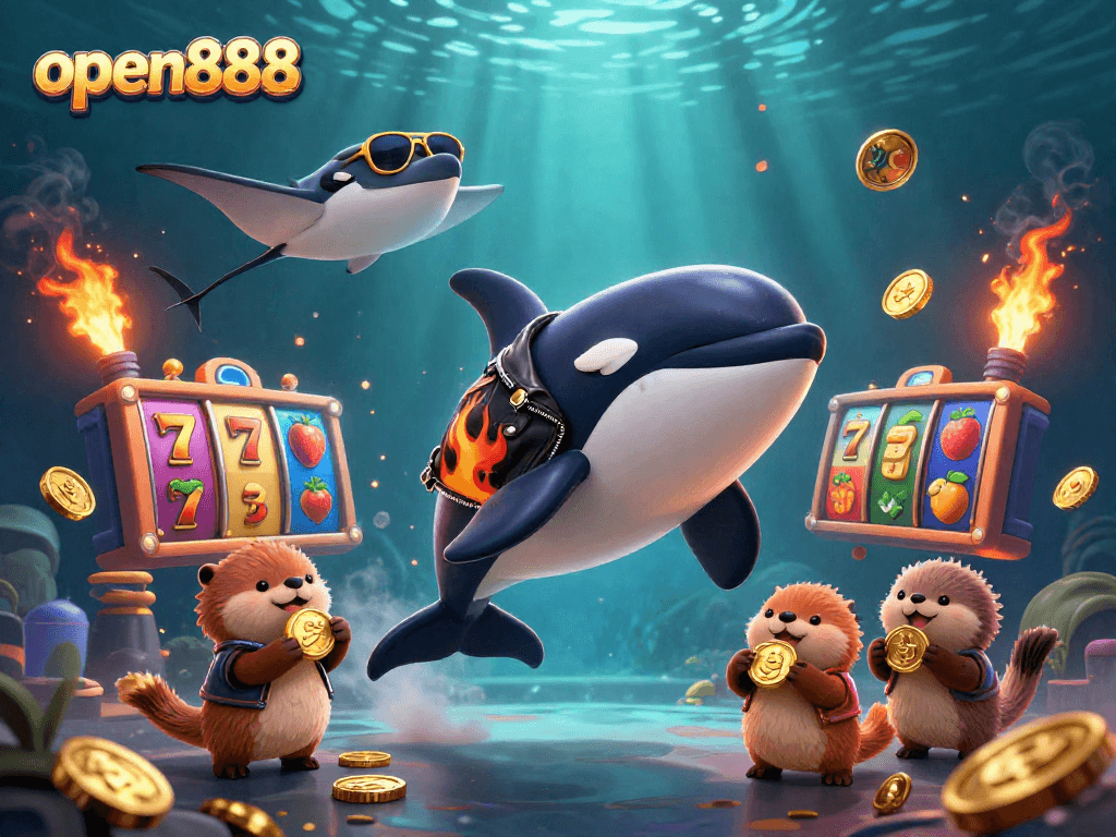 open888 showcases a vibrant casino scene with orca, stingray, and sea otters celebrating wins.