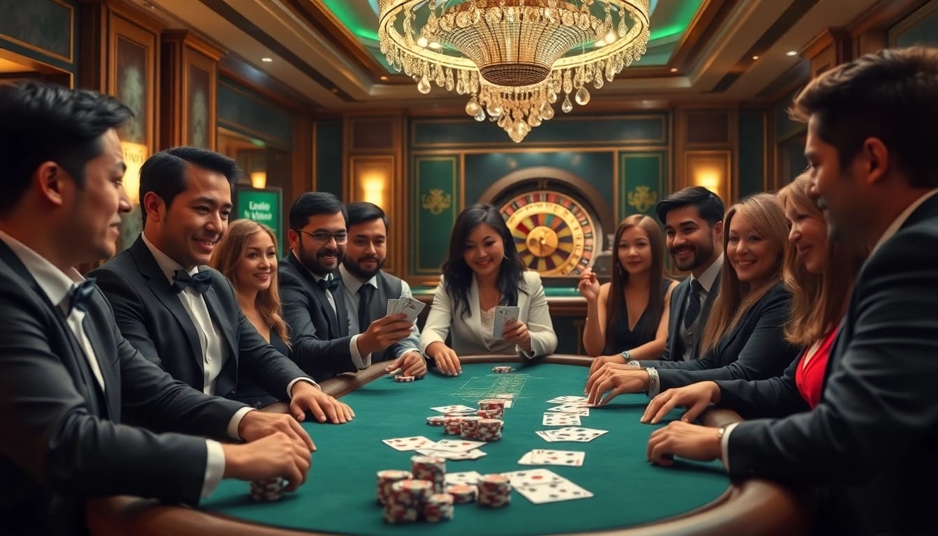 Join the excitement of LC88 Vip at a luxurious casino poker table with players and high-stakes action.