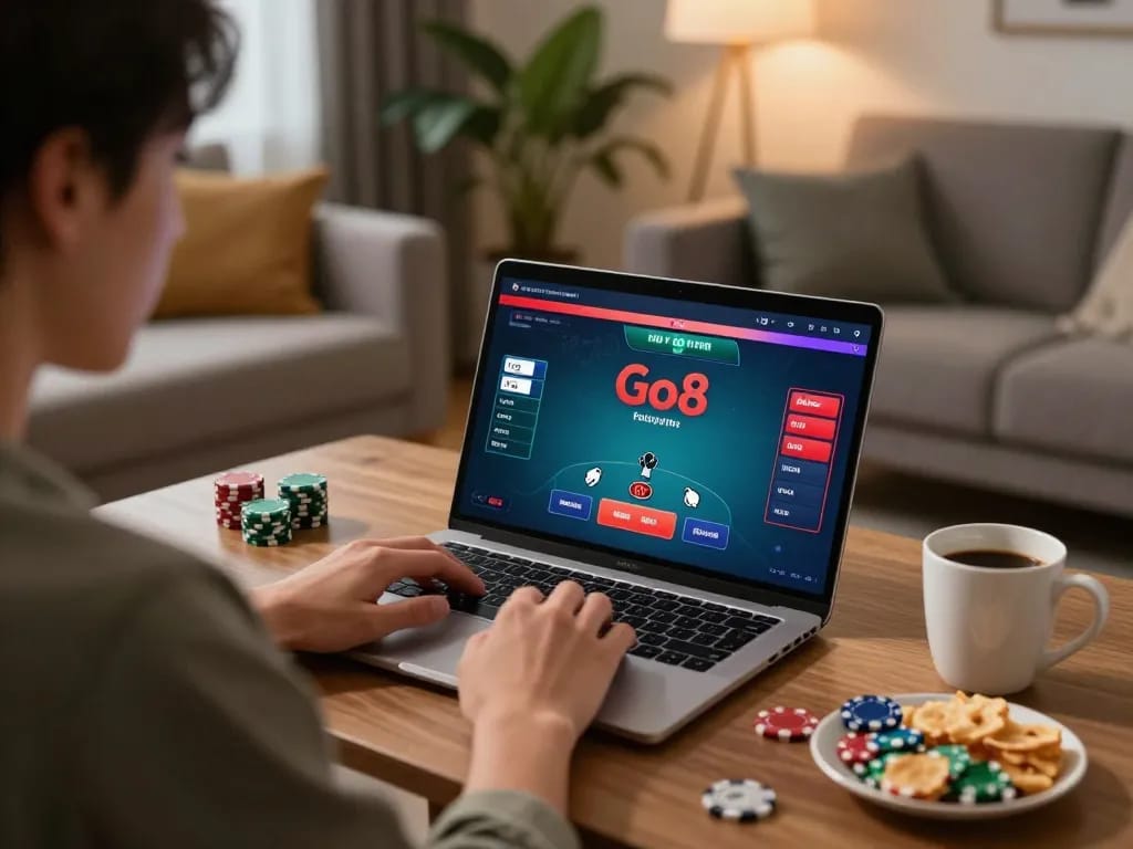 Playing poker online at GO8 from a cozy home setup, engaging with the game and strategy.
