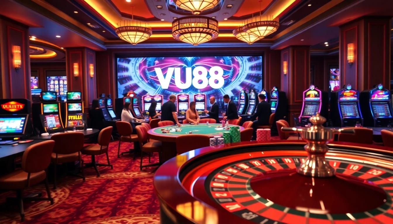 Experience an exciting casino environment at VU88 with vibrant slot machines and elegant poker tables.